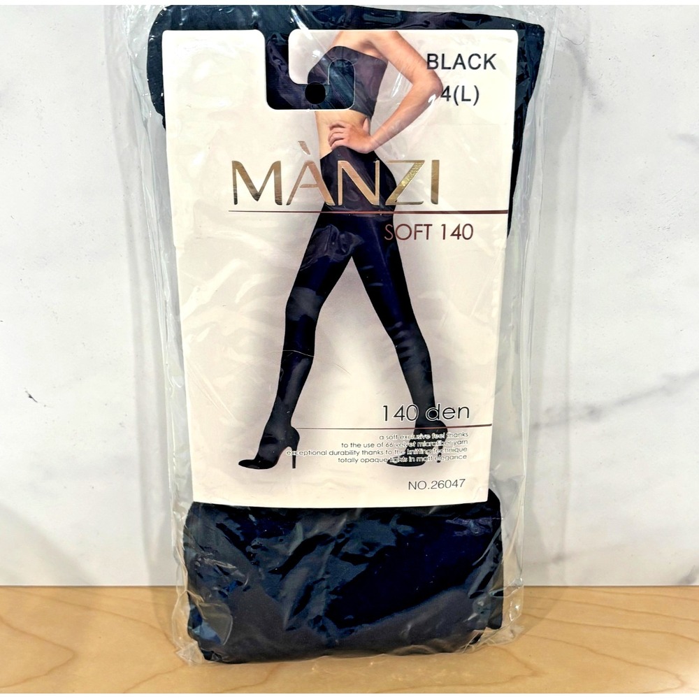 MANZI Soft 140 Den Black Opaque Tights Pantyhose Womens Size 4 Large New